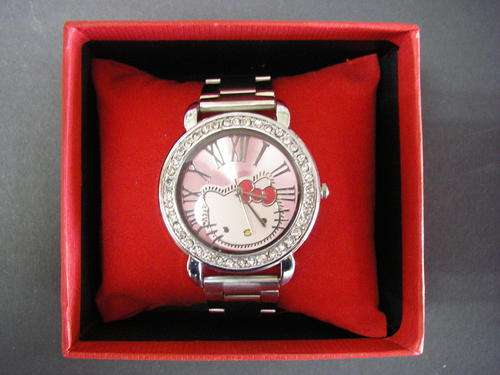 Hello Kitty pink face watch with silver tone metal strap