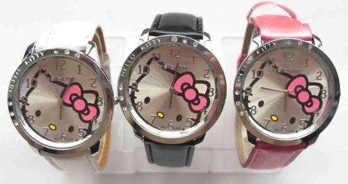 hello kitty watches, black, white, pink, with pink bow, cat face, leather strap, 