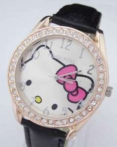 black hello kitty wrist watch for women ladies gold colour tone cat face crystals