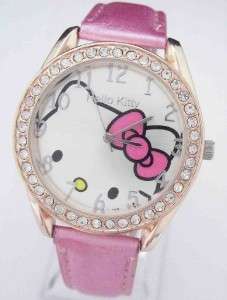 bright pink Hello Kitty women's ladies wrist watch with crystals and cat face with pink bow