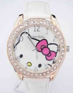 white hello kitty women's ladies wrist watch with crystals and cat face with pink bow, bulk lot sale wholesale prices