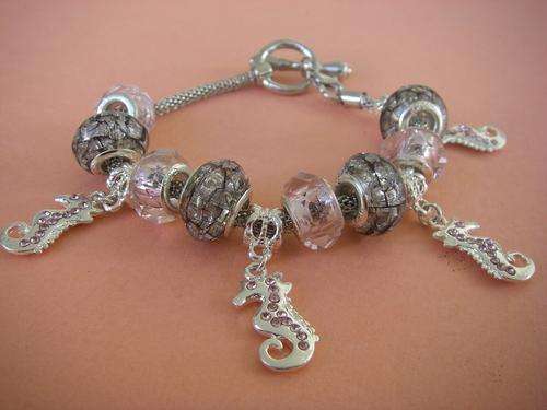 European Charm Bracelet pink & grey translucent beads, seahorse charms pink crystals, silver filled