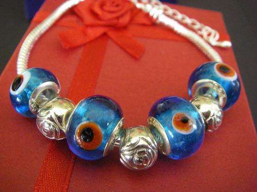 European Charm Bracelet bright blue translucent beads with dots, spacer beads, 925 silver filled