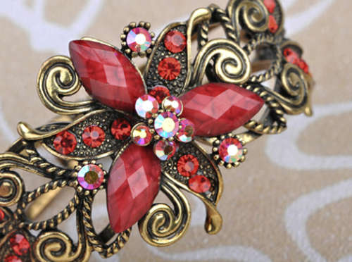 Golden ruby crystal rhinestone bead flower swirl fashion bracelet bangle cuff