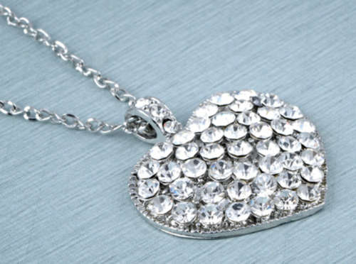 Sparkling big heart shape silver tone clear crystal rhinestones encrusted pendant necklace