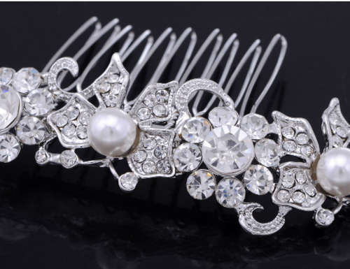 Silver tone genuine rhinestone encrusted faux pearl butterfly fashion hair comb head piece
