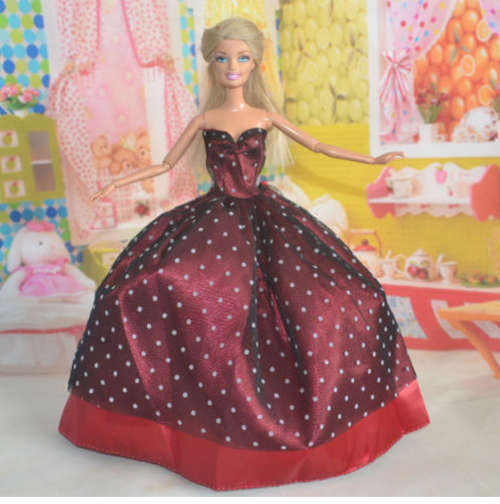 Stunning maroon polka dot Barbie doll lace and satin ball gown dress clothes