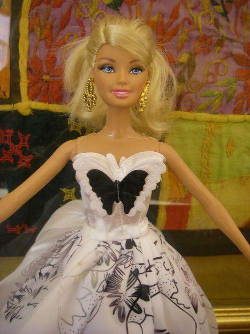 Barbie doll party dress ball gown formal wear white with black patterning and butterfly on bodice