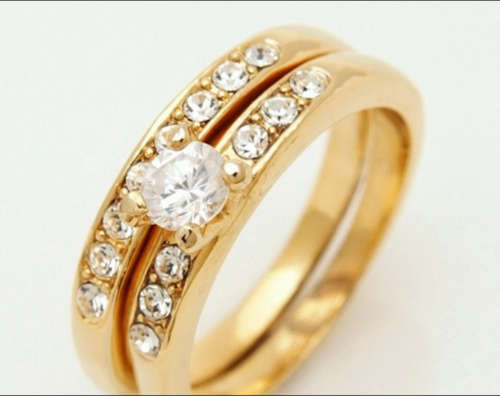 9ct Yellow Gold filled women's double ring with fashion sapphires and cubic zirconias. Lovely.