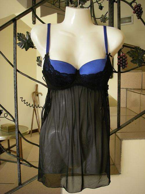 Blue and black lace babydoll lingerie 34B teddy panties