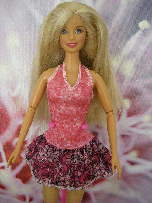 Sexy Barbie doll short pink dress with halter neck and flared skirt