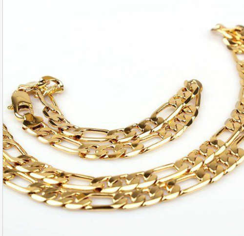 24ct Yellow Gold Filled Chunky Men's Figaro Chain Necklace (60cm) & Bracelet (25cm) Set, 1cm thick