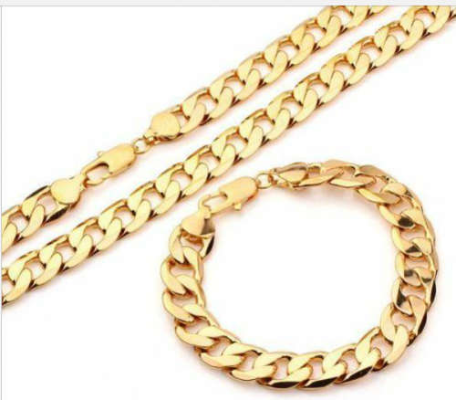 18ct Yellow Gold Filled Chunky Heavy Curb Chain Men's Necklace, 60cm & Bracelet,23.5cm,  1.3cm thick