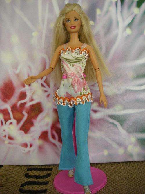 Bootleg blue pants with vest with orange beading top for Barbie, Steffi dolls