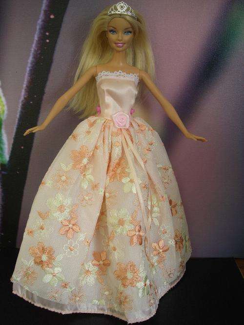 orange pink floral flowers summer spring ball gown evening dress for barbie and steffi love dolls formal clothing fashion day wear tiara