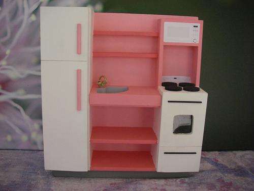 Barbie or Steffi Love doll kitchen unit with stove, microwave, cupboard, shelves & sink with taps