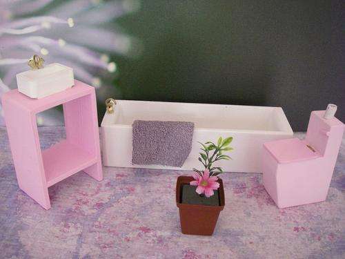 Barbie or Steffi Love doll bathroom unit with bath, basin, stand, toilet,