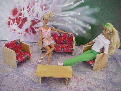 Barbie or Steffi Love doll bright pink with floral design lounge suite and matching coffee table