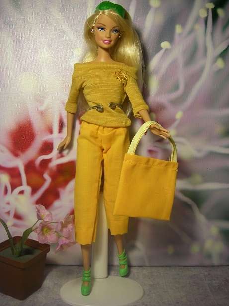 Sunny yellow pants with off shoulder three quarter sleeve top and handbag, Barbie clothes, local
