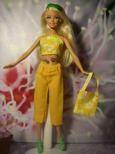 Bright yellow pants & halter neck top & matching bag, well made, barbie clothes, local,