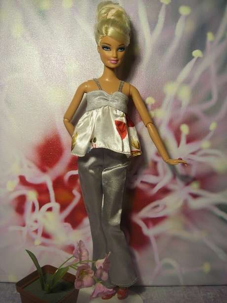Sexy shiney silver bootleg Barbie doll pants and cute flared top