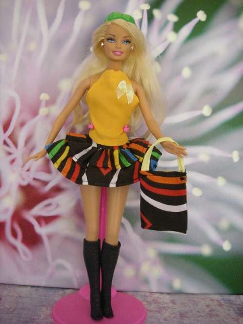 Barbie doll colourful striped flaired skirt with yellow top and handbag