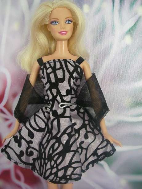 Silver with black patterns tailored Barbie doll cocktail dress and shawl, lovely fit, well sewn.