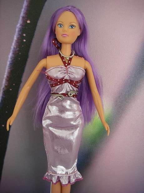 Stretch fabric silver Barbie doll cocktail dress with maroon ribbon. Body hugging, well sewn.