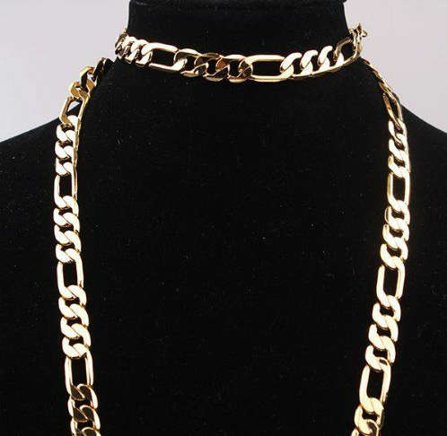 Gold tone fashion CHUNKY FIGARO MEN's CHAIN NECKLACE & BRACELET SET
