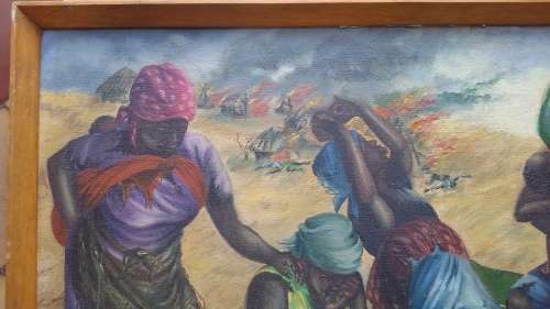 African Conflict Art, Canvas on Board, Signed & dated 1980, titled `Rampage`