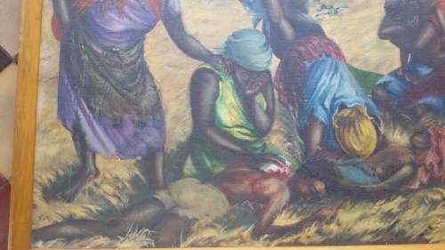 African Conflict Art, Canvas on Board, Signed & dated 1980, titled `Rampage`