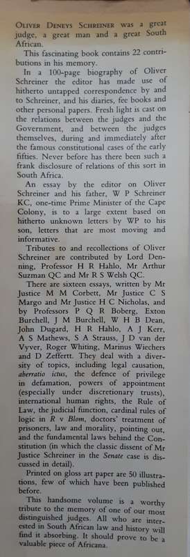 Fiat Iustitia Essays in Memory of Oliver Deneys Schreiner edited by Ellison Kahn