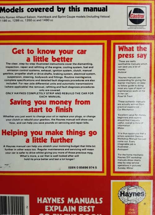 Alfa Romeo Alfasud 1974 to 1984 all models Haynes Manual nbr 292