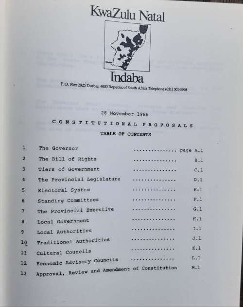 Kwazulu Natal Indaba Constitutional Proposals and Memoranda submitted on 13 Jan 1987