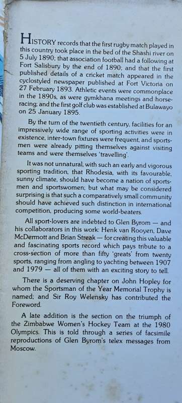 Rhodesian Sports Profiles 1907-1979 by Glen Byrom ***SIGNED by BOBBY CHALMERS**