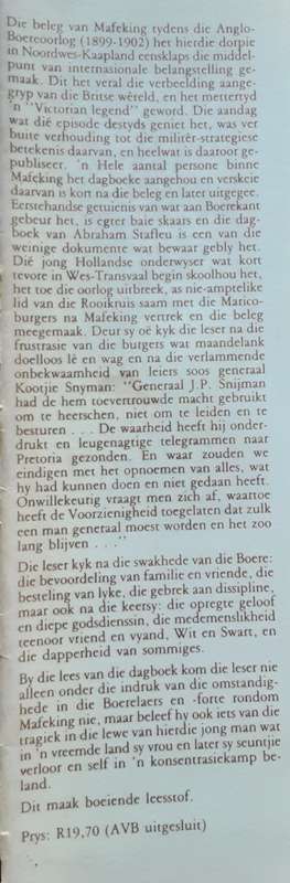 Die Beleg Van Mafeking Dagboek Van Abraham Stafleu by Smi & Mare