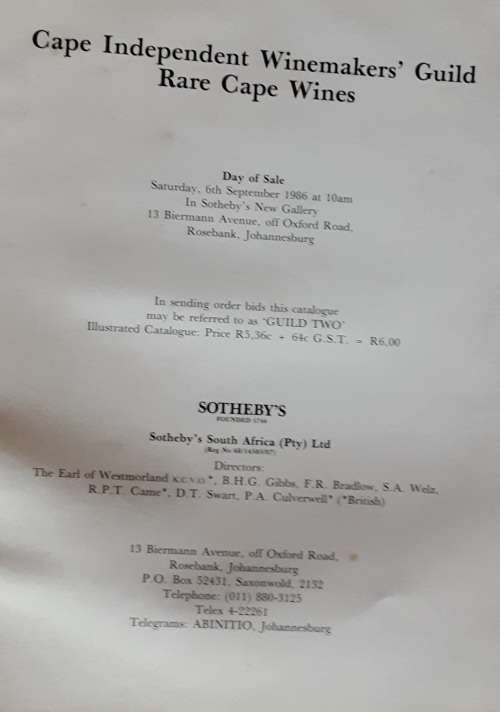 Cape Independent Winemaker`s Guild Rare Cape Wines catalogue Sotherby`s 6th Sept 1986