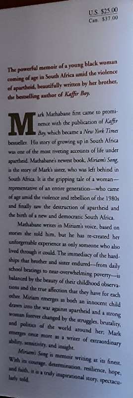 Miriam`s Song A Memoir by Miriam Mathabane as told to Mark Mathabane