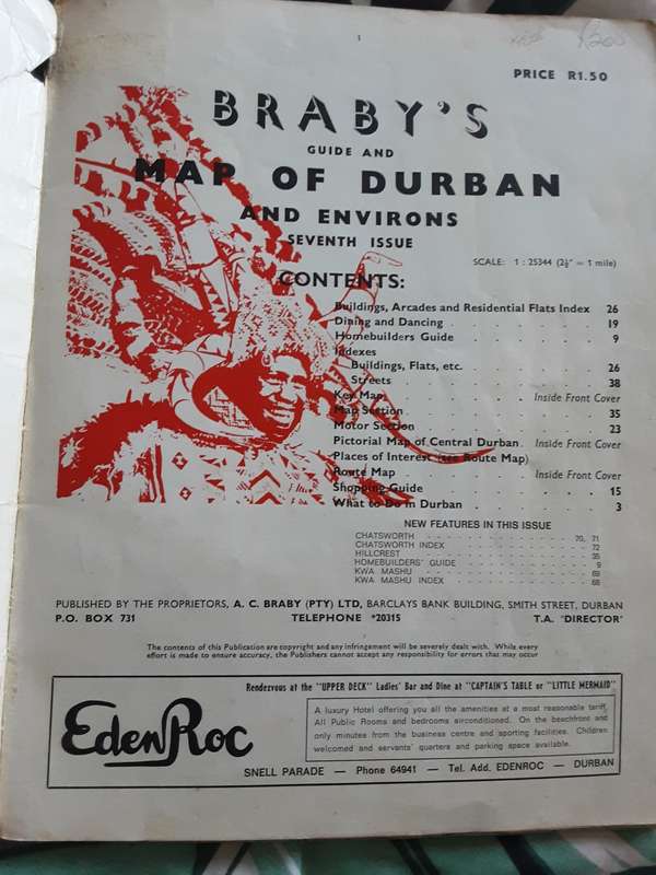 Brabys Guide and Map of Durban **circa 1960s**