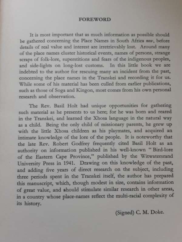 Place Names in the Transkeian Territories  by Rev Basil Holt