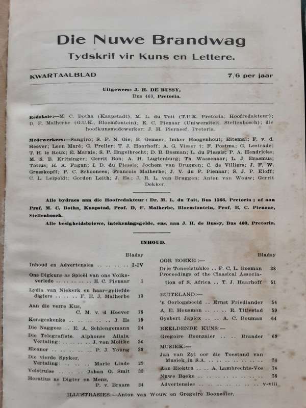 Die Nuwe Brandwag, Tydskrif vir Kuns en Lettere vol 1,2,3,5 **16 issues bound***