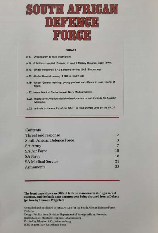 South African Defence Force compiled in 1985