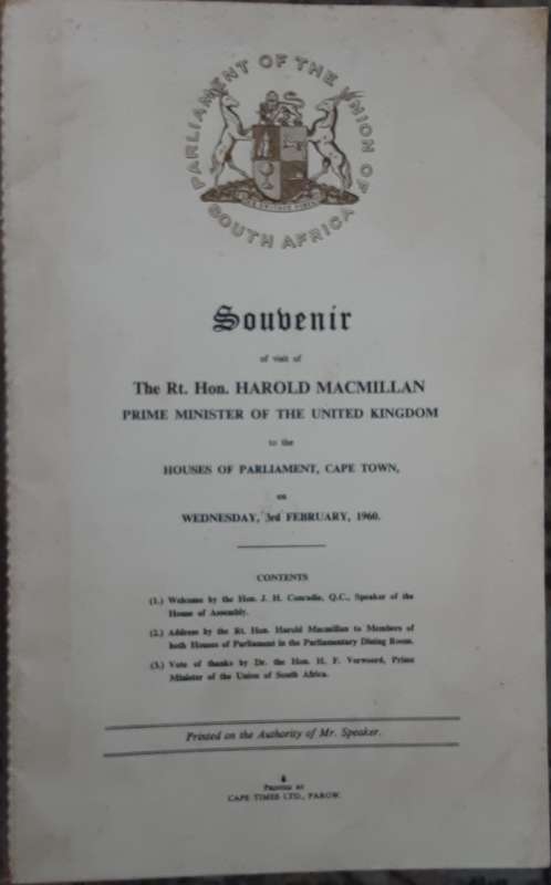 Souvenir of Rt Hon Harold Macmillan speech to Parliament in Cape Town 3rd Feb 1960