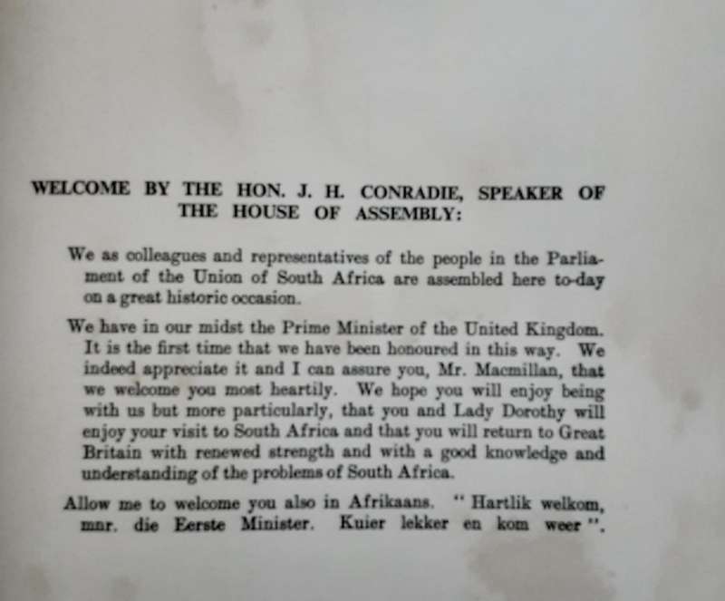 Souvenir of Rt Hon Harold Macmillan speech to Parliament in Cape Town 3rd Feb 1960