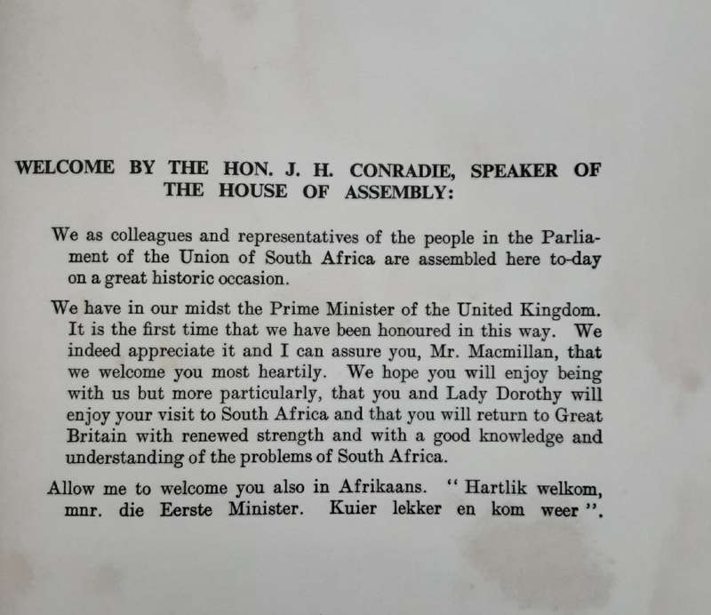 Souvenir of Rt Hon Harold Macmillan speech to Parliament in Cape Town 3rd Feb 1960