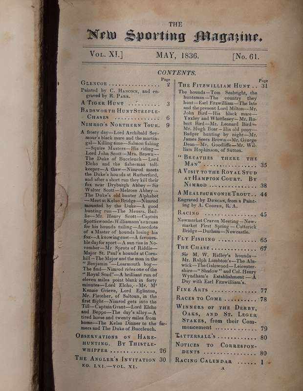 The New Sporting Magazine Vol XI May 1836 to December 1836 with index