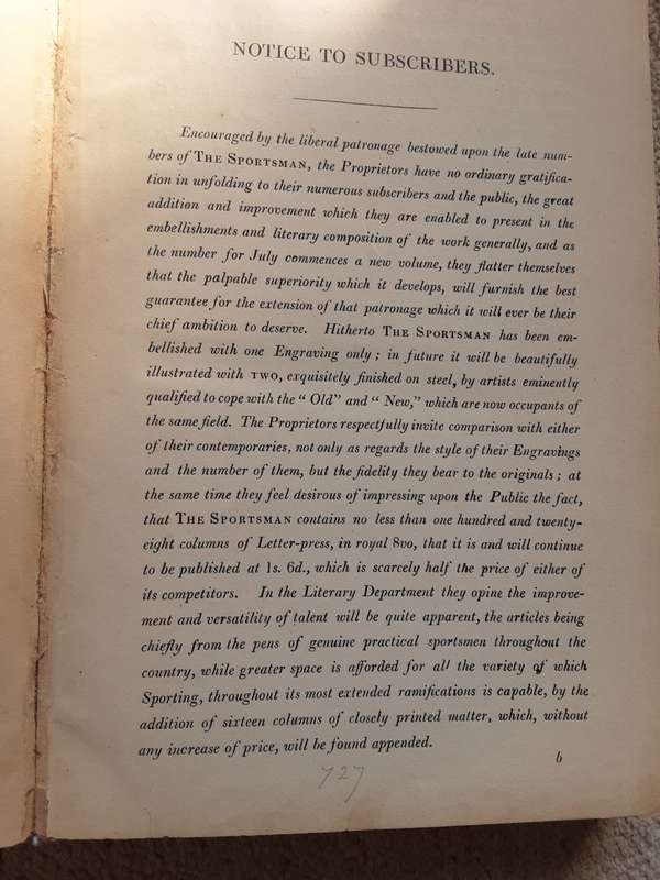 The Sportsman Vol III from July to December 1837 with index