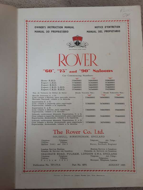 Rover 60 75 90 Saloons Owners Instruction Manual 1955