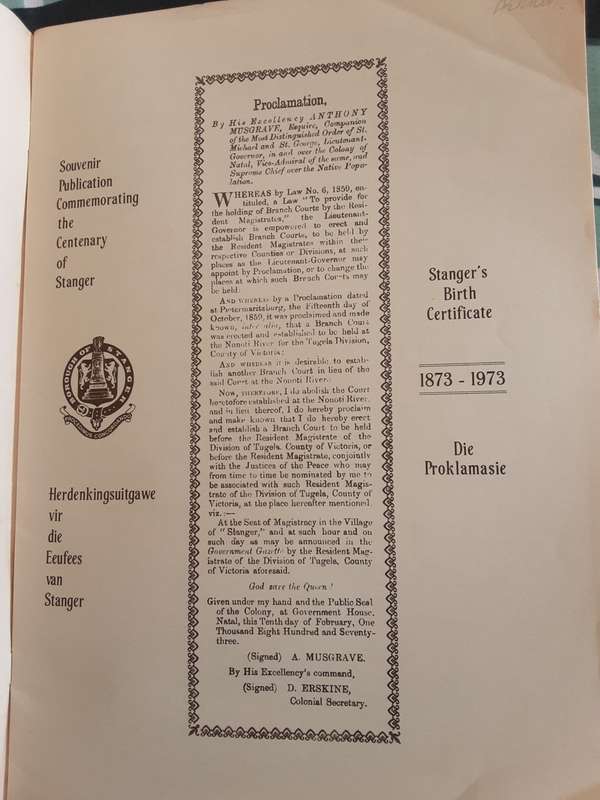 Souvenir Publication Commemorating the Centenary of Stanger 1873 - 1973
