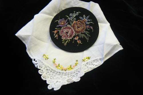 PETIT POINT HANKIE POUCH AND VINTAGE COTTON EMBROIDERED HANKIE WITH LACE